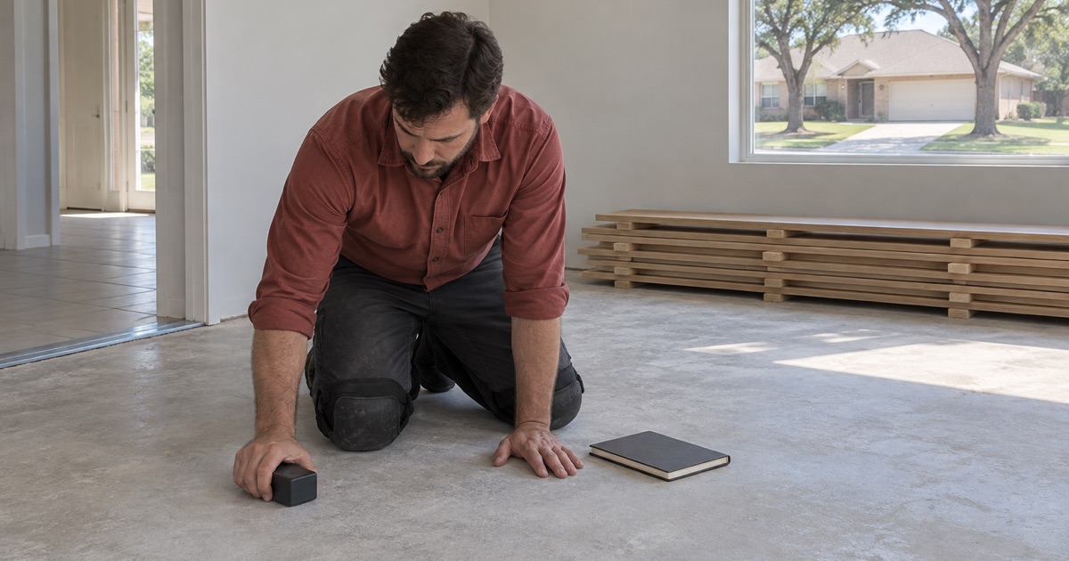 Technician taking a moisture reading on a Flower Mound slab before an installation date is set, white oak boards stacked flat behind him.