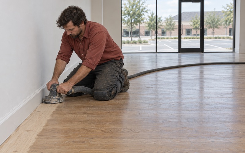 Operator running an edger along the base of an empty Flower Mound tenant suite, the white oak floor cut back to bare wood at the wall.