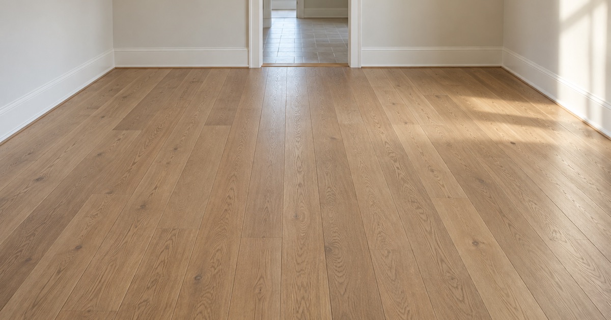 A finished white oak floor running the length of an empty Flower Mound room, low sun across the boards and the shoe molding tight to them at the wall.