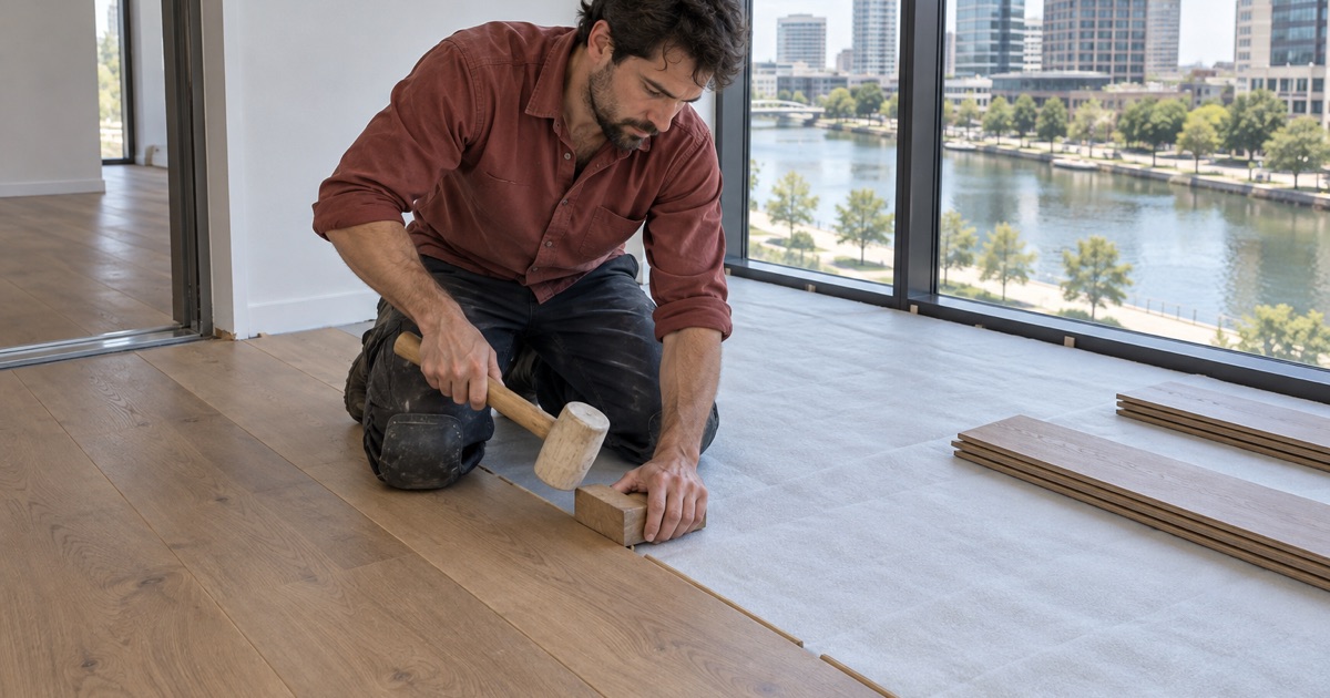 Installer seating an engineered oak plank with a tapping block in a Las Colinas unit, the floating floor running over its underlayment toward the threshold.