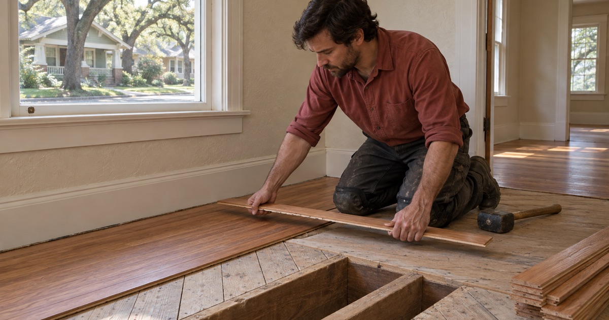 Installer lowering a narrow strip board onto the plank subfloor of a Denton Craftsman house, the floor framed over joists rather than poured on a slab.