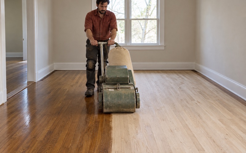 Operator walking a drum sander back across a white oak floor in a Flower Mound house, bare pale wood behind the machine and old finish ahead of it.
