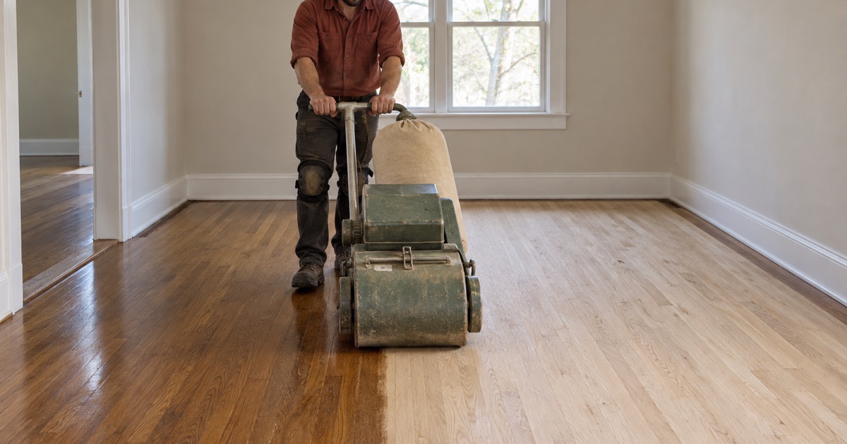 Operator walking a drum sander back across a white oak floor in a Flower Mound house, bare pale wood behind the machine and old finish ahead of it.