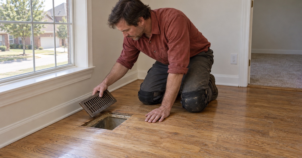 Operator lifting a floor register out of a Lewisville oak floor to read what is left of the wear layer before a refinish is quoted.