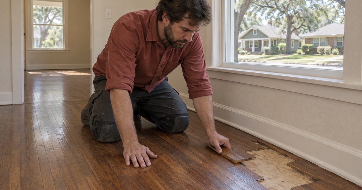 Carpenter holding a match sample against an original Carrollton Heights floor to read color and board width before a repair is cut.