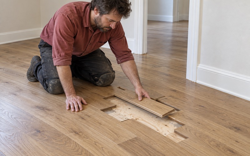 Carpenter setting a dutchman patch into a white oak floor in a Flower Mound house, its joints staggered into the surrounding boards.