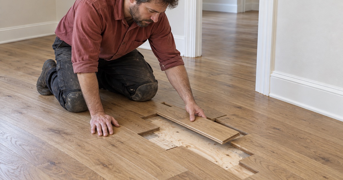 Carpenter setting a dutchman patch into a white oak floor in a Flower Mound house, its joints staggered into the surrounding boards.