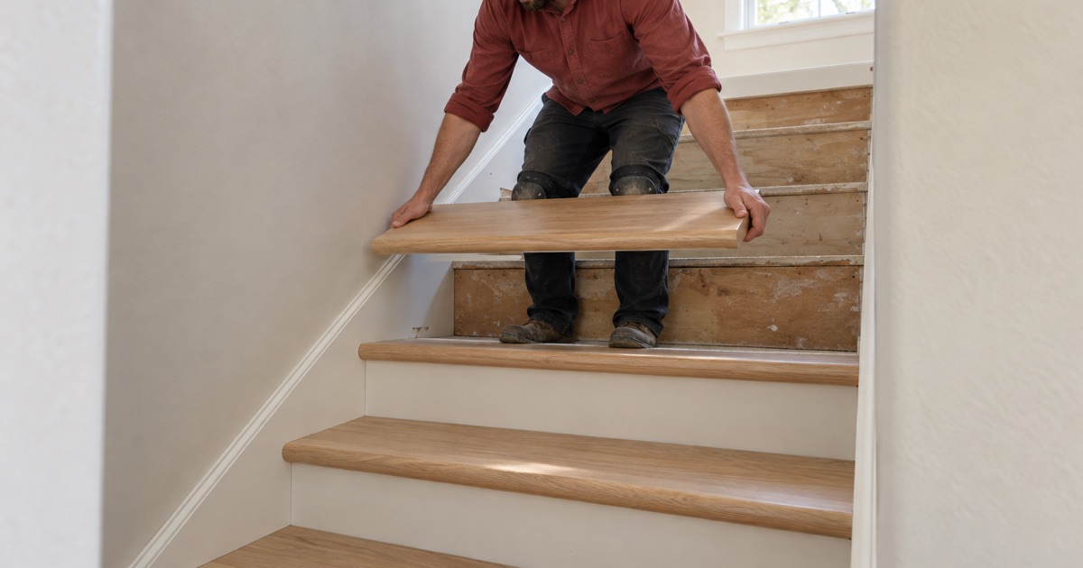 Finisher setting a bullnosed retro tread onto a Flower Mound staircase, its nosing overhanging the riser and the skirt board running up the wall behind.