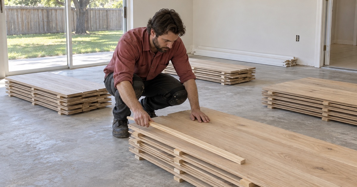 Installer laying a spacer batten across a stack of white oak boards acclimating inside a Flower Mound house before any board is fastened down.