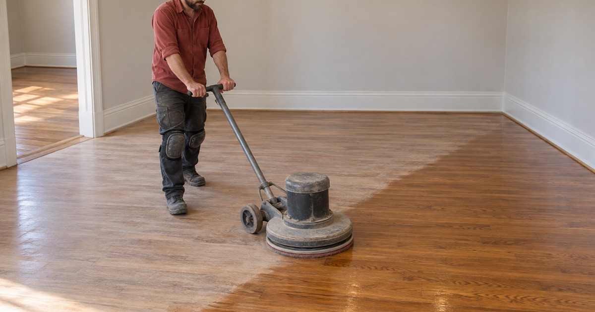 Operator running a buffer across a red oak floor during a screen and recoat in a Flower Mound house, the sheen breaking evenly ahead of the machine.
