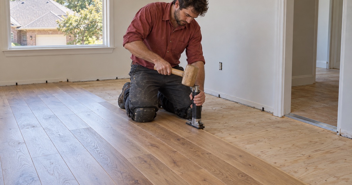 Installer driving a cleat through a white oak board with a flooring nailer and mallet in a Flower Mound house, the run advancing across the plywood subfloor.