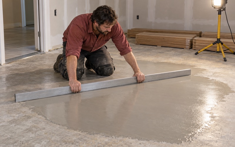 Technician sweeping a long straightedge across a Flower Mound slab after foundation work, leveling compound feathering out where the concrete falls away.