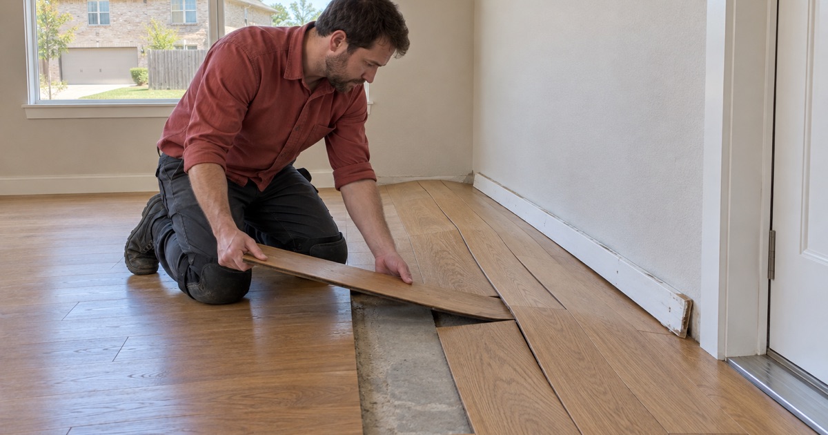 Worker lifting a buckled engineered oak plank clear of a Flower Mound slab, the boards on either side arched up off the concrete along the wall.