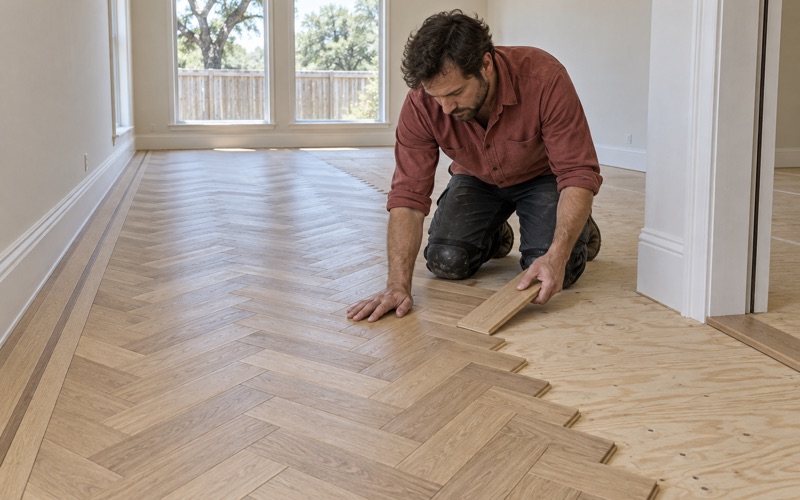 Installer setting a white oak herringbone piece against the working line in a Flower Mound room, the finished field running away behind him.