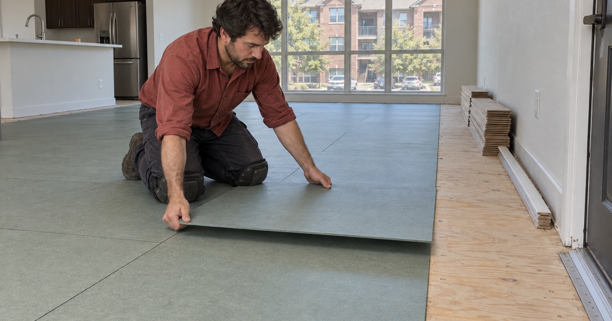 Installer laying acoustic underlayment over the framed subfloor of an upper-floor Addison unit before the engineered oak goes down.
