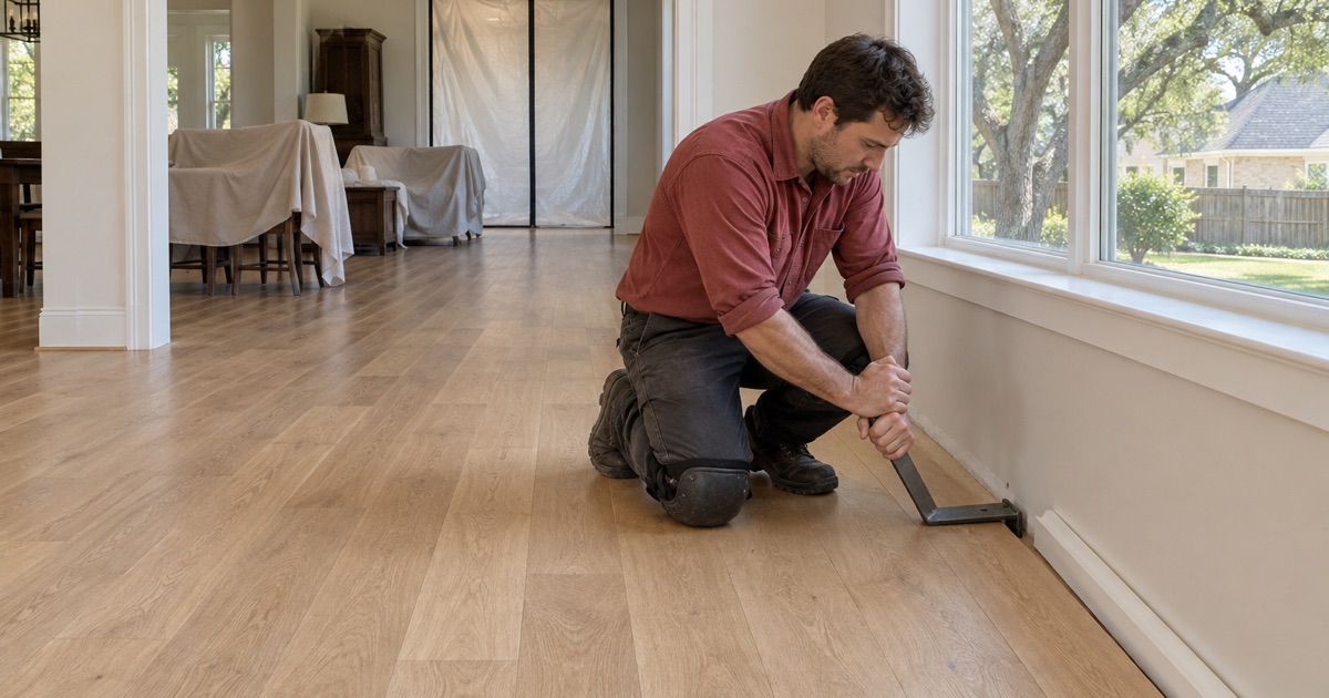 Installer closing the last row of a long white oak run against a Colleyville wall with a pull bar, the furniture stacked under sheeting beyond the doorway.