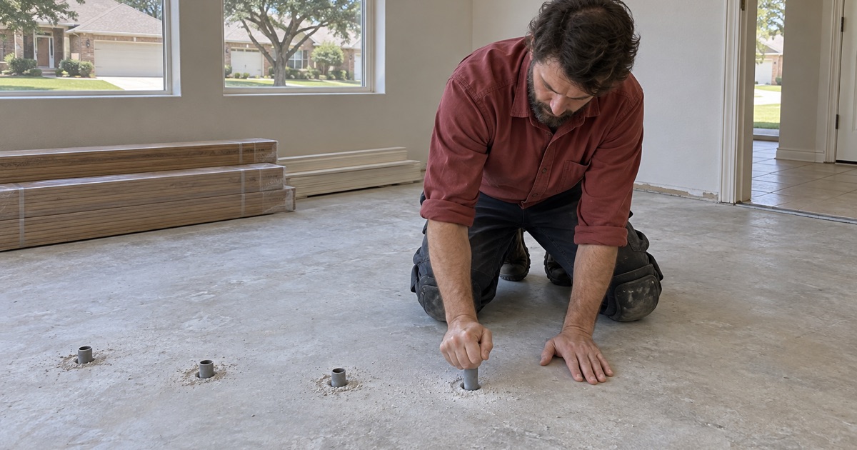 Technician seating a relative humidity probe sleeve into a Coppell slab, the drilled holes spaced out across the concrete behind him.