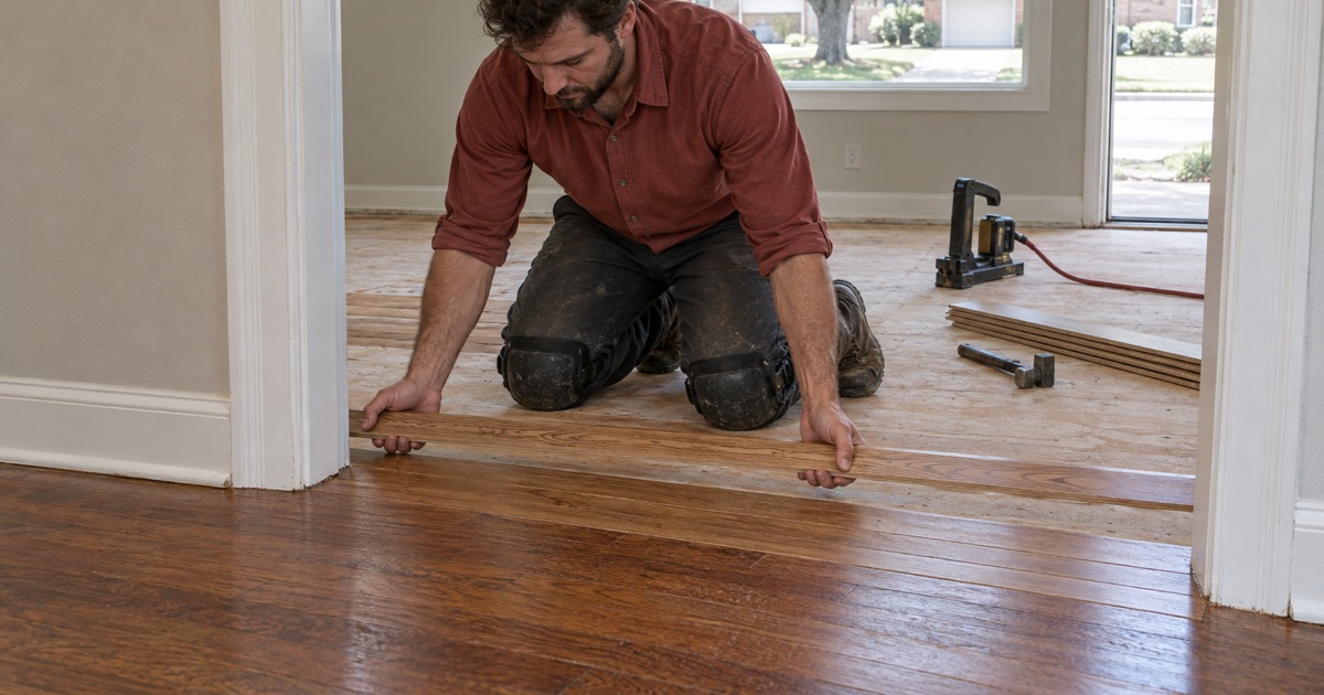 Carpenter matching a replacement red oak run into the established floor of a Corinth house at the opening.