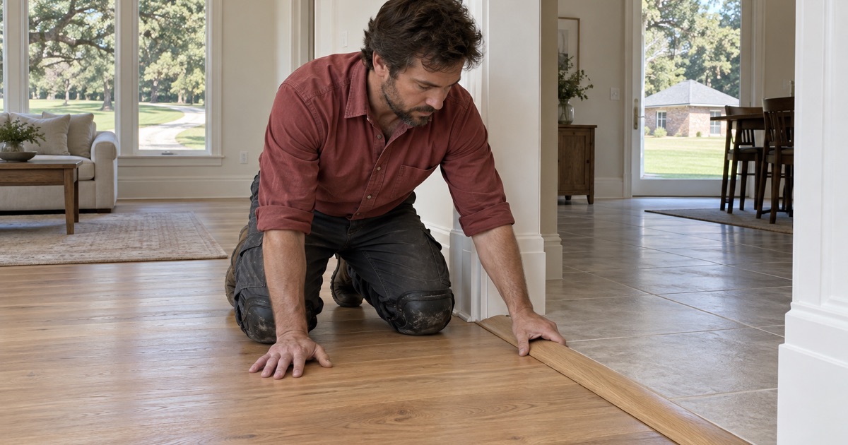 Carpenter bedding an oak reducer where white oak meets tile in a Fairview house on an acre lot.