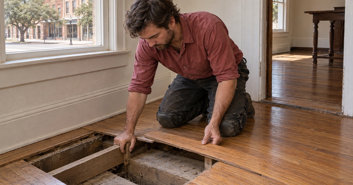 Carpenter setting a narrow strip board into an original framed floor in a Grapevine College Street house, one hand steadying the joist beneath.