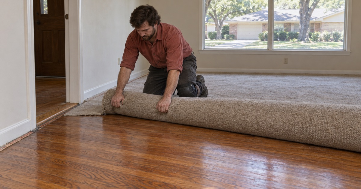 Installer rolling back old carpet in a 1970s Highland Village house to expose the original oak strip floor underneath.