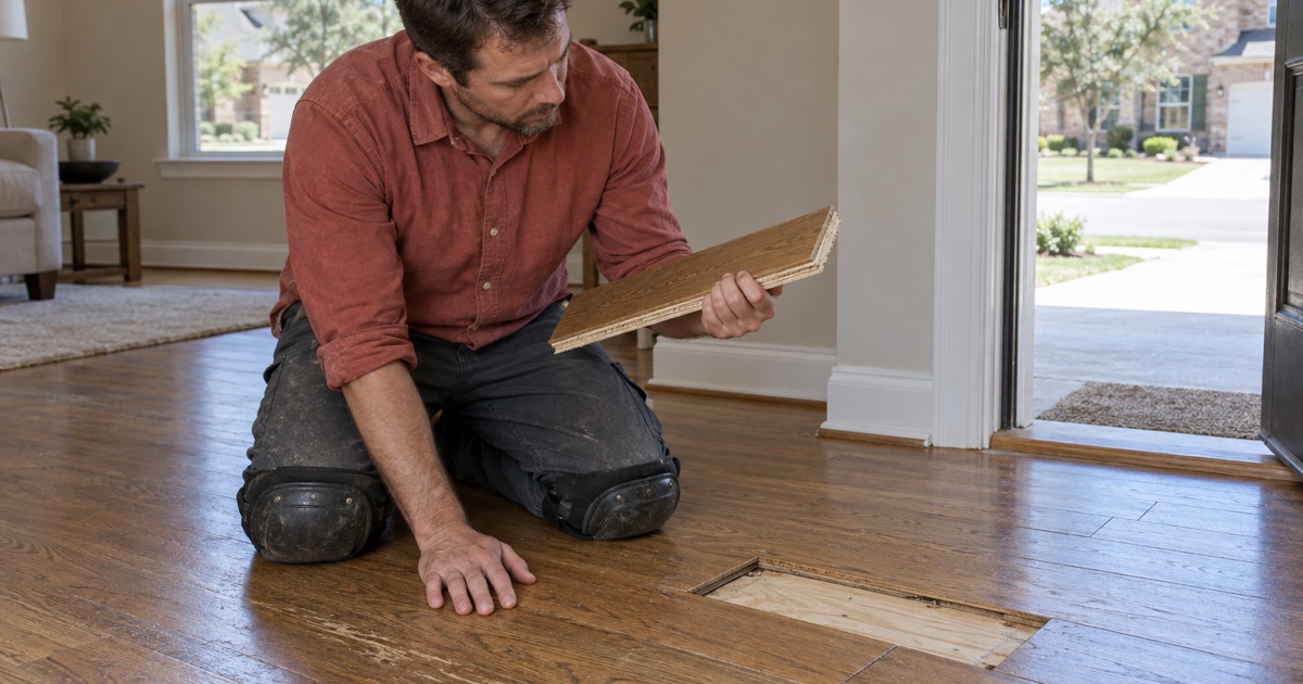 Installer holding a removed engineered plank on edge in a Keller house so its thin wear layer over the core reads against the light.
