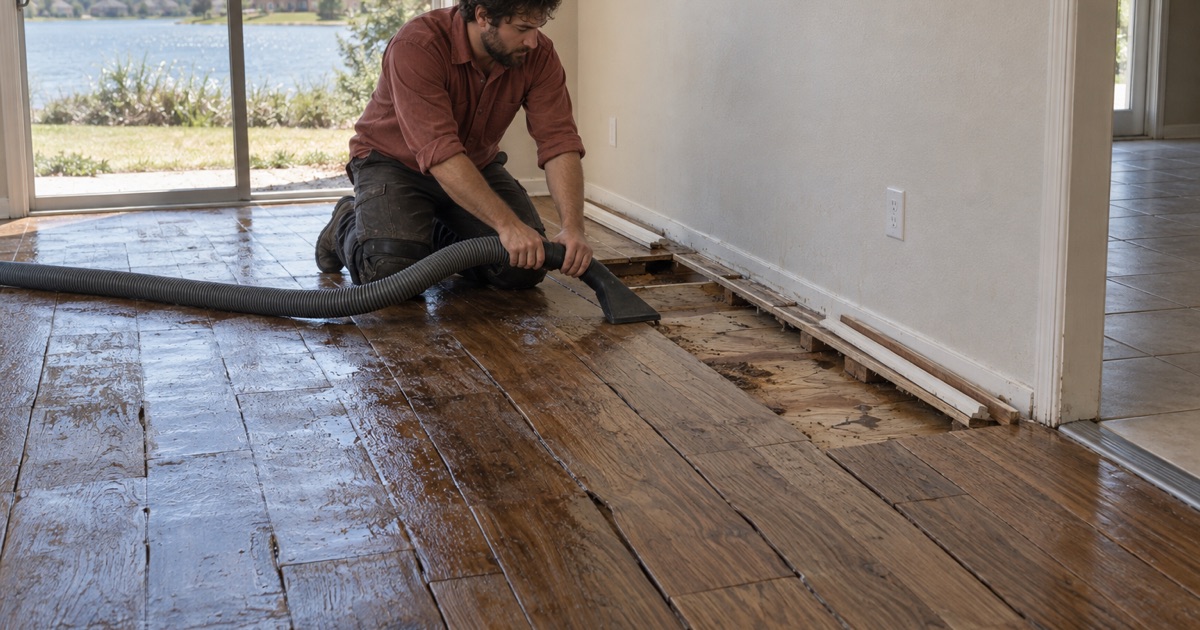 Restorer drawing an extraction hose across a wet white oak floor in a Little Elm house, boards lifted at the wall and the subfloor dark beneath.