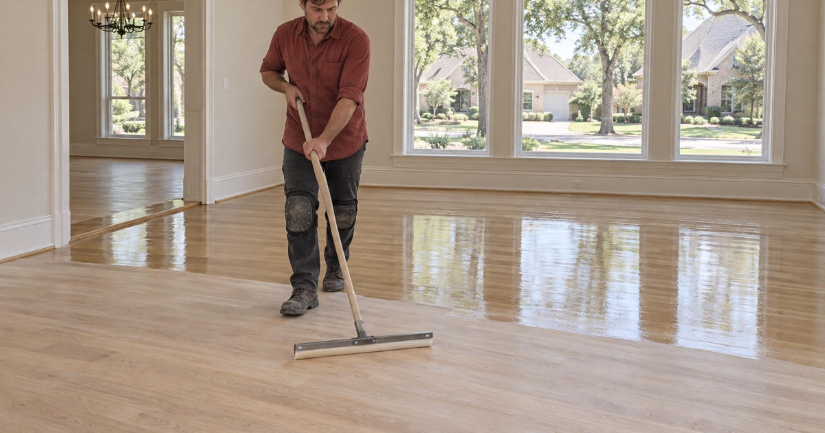 Finisher pulling a coat of finish across a Southlake white oak floor with a T-bar applicator, walking backward with the wet edge ahead of him.