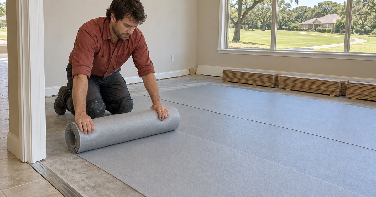 Installer rolling underlayment across a Trophy Club slab before an engineered oak floor goes down, the fairway visible through the window behind.