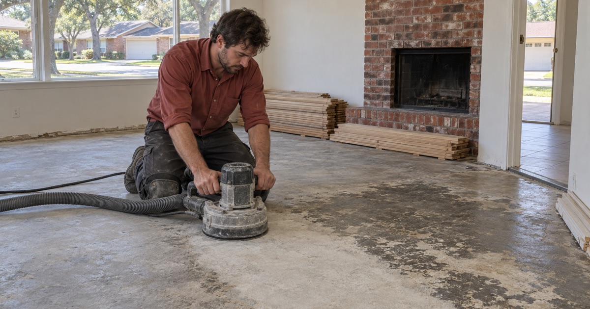 Grinder clearing residue from the slab of a single-story Watauga tract house ahead of a white oak floor.